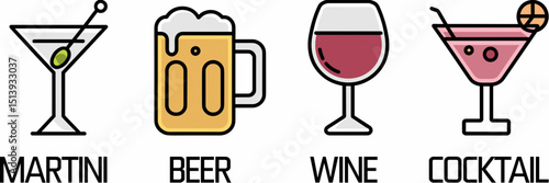 Vector icon sheet of four alcoholic drinks with names – perfect for beverage menus, bar branding, or drink guide illustrations