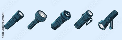 Flashlight icon set with camera, laser, magnetic base – Suitable for gadget design, hardware illustrations, or utility product branding.