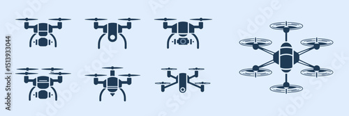 Vector icon sheets of single and multi-drone formations in various designs – Perfect for drone fleet management, aviation technology, or futuristic concepts.