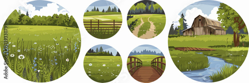 Vector icon sheet of meadow scenes with wildflowers, paths, fences, and barns – Suitable for nature themes, rural lifestyle content, or outdoor adventure branding.