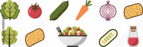 Vector icon sheet with salad ingredients and dressing bottle – Perfect for healthy eating guides, recipe apps, or nutrition blogs.