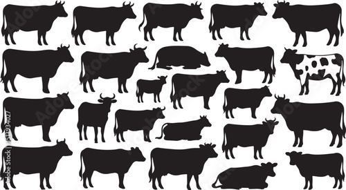 Vector illustration featuring a collection of silhouetted cows in various poses on a white background