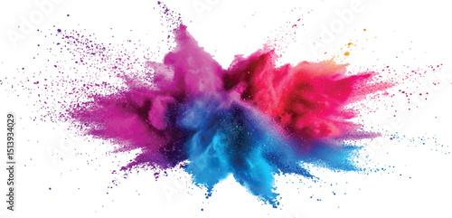 Colorful rainbow powder explosion on a transparent background. Explosive burst of vibrant rainbow colors. Holi paint color powder explosion isolated white wide panorama background.