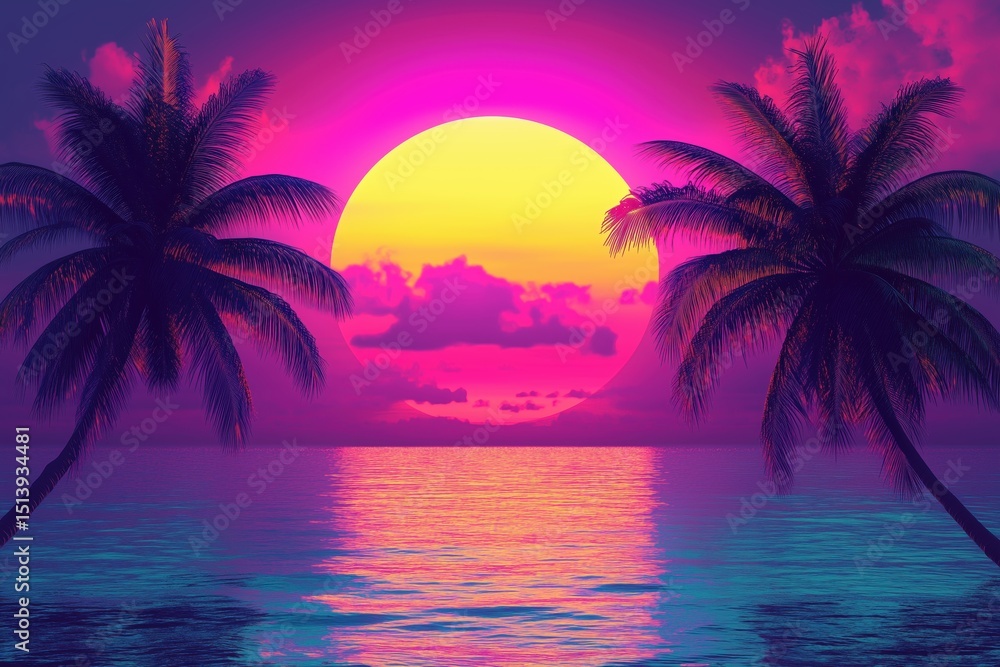 Obraz premium Vibrant Pink and Yellow Sunset Over Calm Sea Framed by Palm Trees