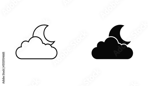 Simple weather icon with half moon or waning crescent moon in a cloudy sky. Night time symbol in line art style. Linear flat vector illustration