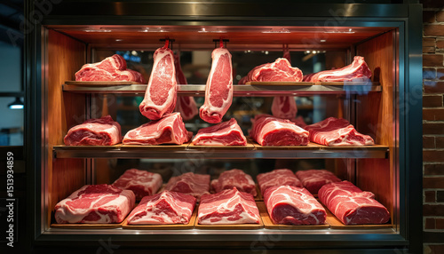 Butchery window display various fresh premium meat cuts. Beef pork lamb steak ready for sale. Craftmanship quality focus on fresh ingredients. Food market delicatessen, culinary industry, retail,