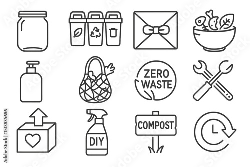 Zero waste lifestyle icons: sustainable living and eco-friendly practices