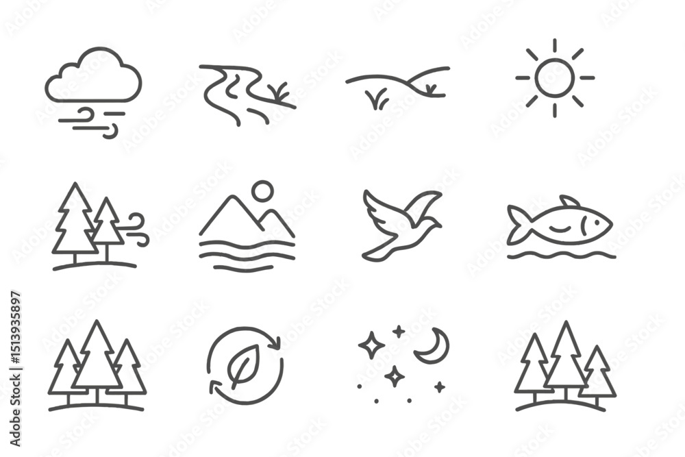 Fototapeta premium Minimalist nature icons set featuring mountains, trees, fish, and sun