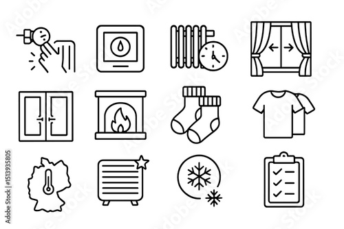 Energy-saving home heating icons: thermostat fireplace insulation checklist