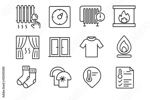Hand-drawn heating icons featuring radiators, fireplaces, and thermostats