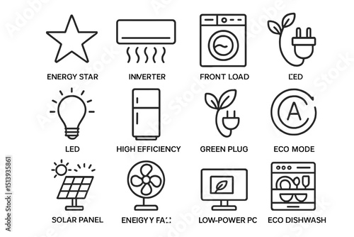 Energy-efficient appliance icons on metallic background set