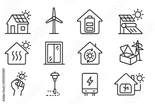 Renewable energy icons: solar panels, wind turbine, battery, eco-friendly homes