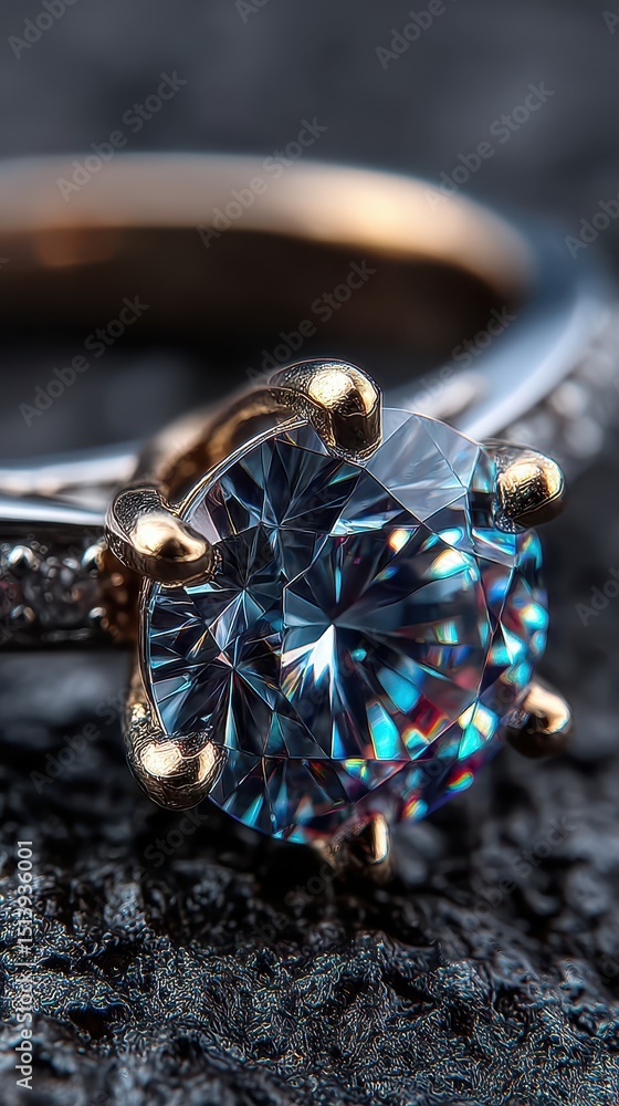 Elegant blue diamond ring set on a textured surface highlighting intricate details and craftsmanship Elegant blue diamond ring set on a textured surface highlighting intricate details and craftsmanship