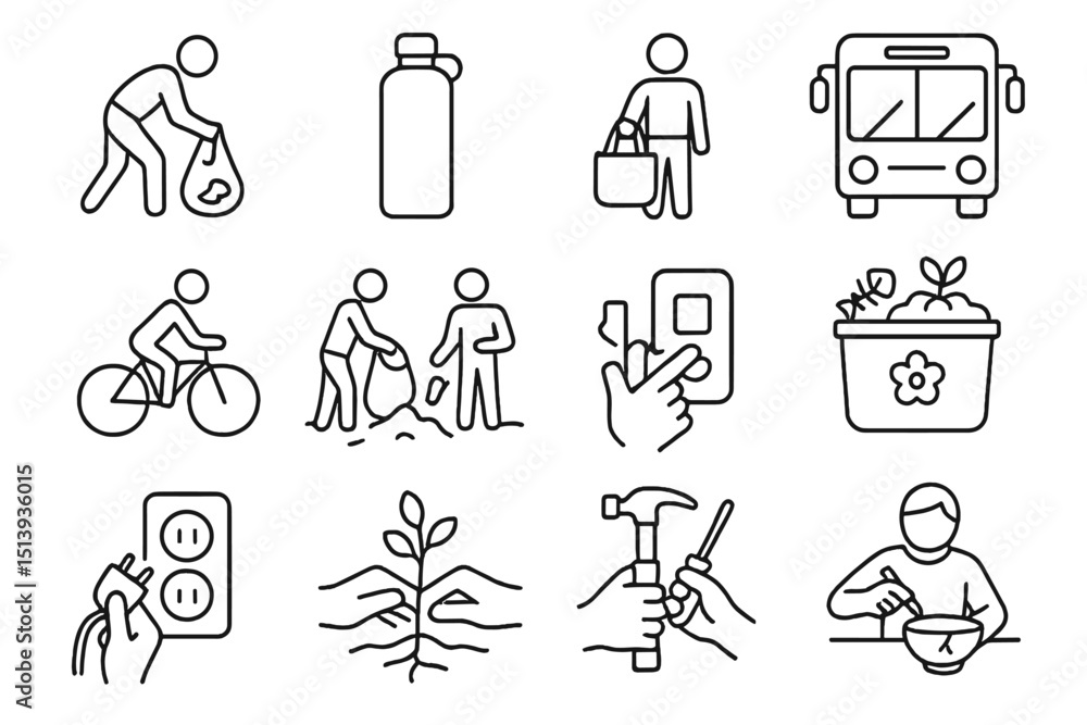 Fototapeta premium Eco-friendly practices illustrated with line icons of daily sustainable actions