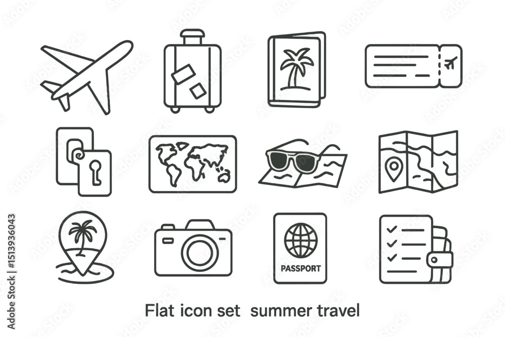 Flat icon set for summer travel featuring map and airplane symbols Flat icon set for summer travel featuring map and airplane symbols