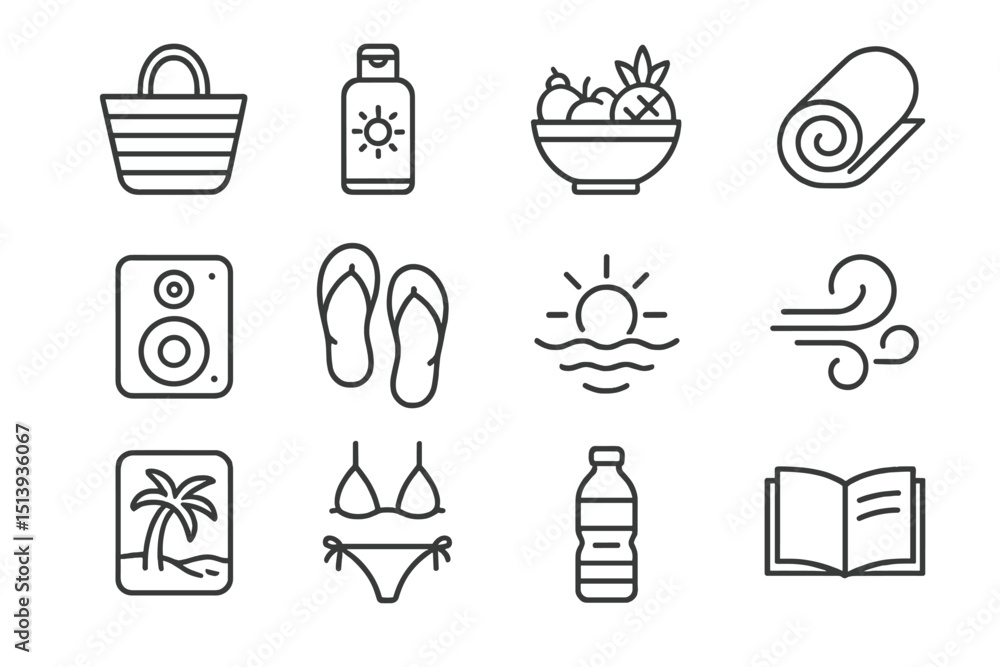 Beach essentials icons set: sun, waves, palm, flip-flops, bikini, speaker, bottle Beach essentials icons set: sun, waves, palm, flip-flops, bikini, speaker, bottle