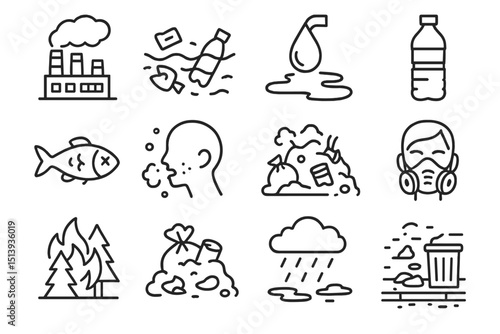 Environmental pollution icons: water, air, waste, deforestation, recycling
