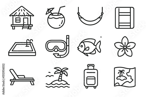 Tropical vacation icons: beach, relaxation, and adventure themes