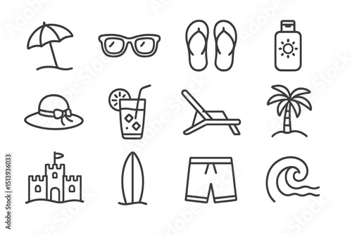 Beach icons: umbrella, sunglasses, flip-flops, sun lotion, hat, tropical symbols