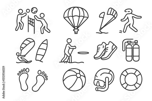 Icons of beach and water sports activities with simple line art style