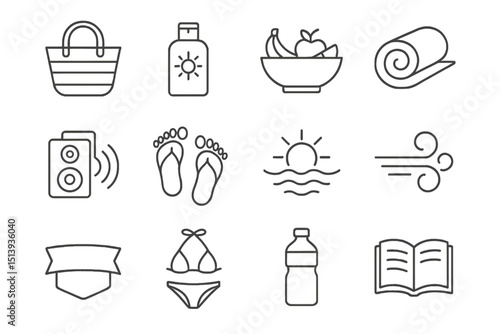 Summer essentials icons: beach, sun, fruit, relax, music, reading, hydration