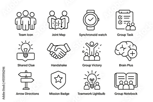 Teamwork and productivity icons: collaboration, watch, task, clue, victory