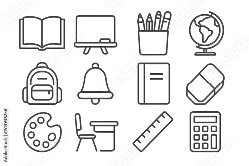 Education icons set: school supplies and learning tools outline design
