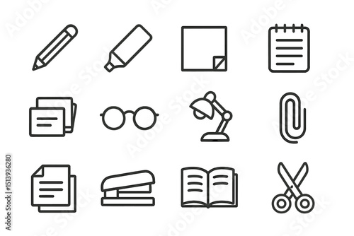 Office supply icons: pencil, highlighter, notebook, lamp, scissors, glasses