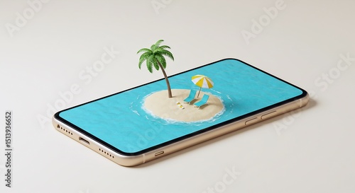 Tropical island getaway on smartphone screen relaxing beach vacation concept