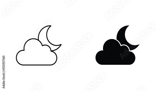 Simple weather icon with half moon or waning crescent moon in a cloudy sky. Night time symbol in line art style. Linear flat vector illustration
