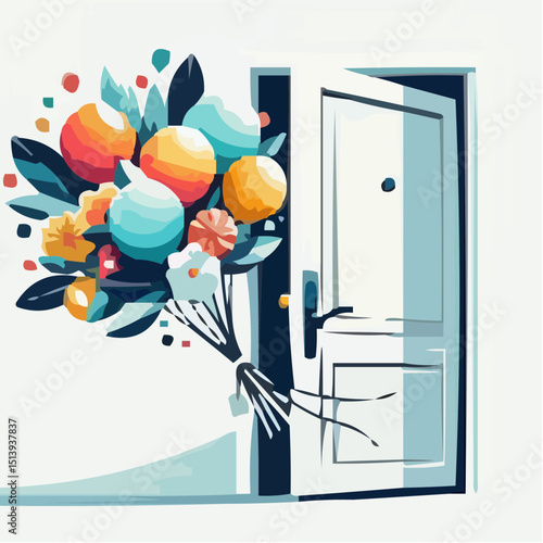 Flower delivery icon with colorful bouquet at an open door  