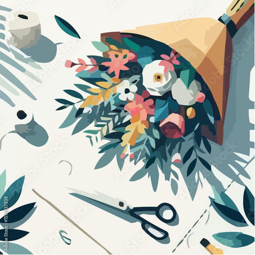 Flower delivery icon with wrapped bouquet and gardening tools  