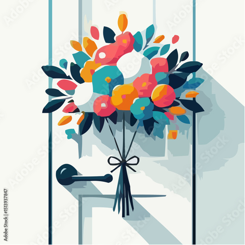 Colorful flower bouquet hanging on a door with a ribbon bow  