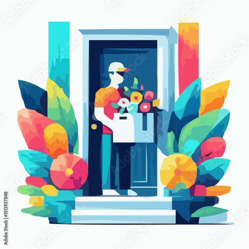 Flower delivery person standing at front door with colorful bouquet  