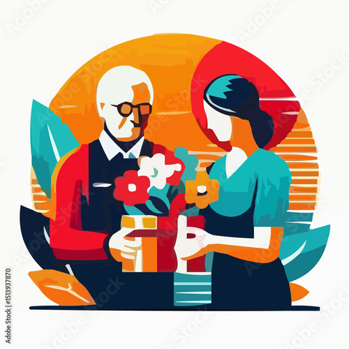 Man receiving flower delivery from woman in colorful illustration  