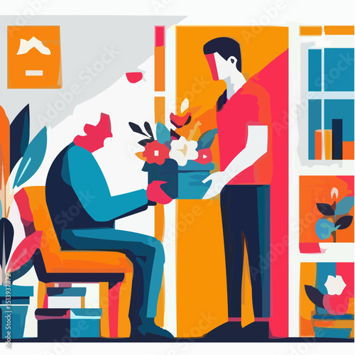 Flower delivery icon with man receiving flowers while seated indoors  