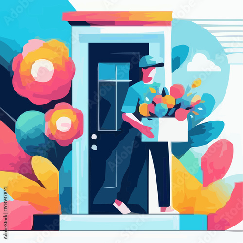 Flower delivery person carrying bouquet at colorful doorstep entrance  