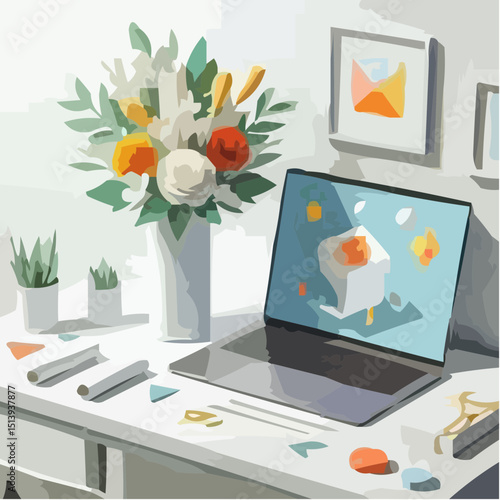 Digital workspace with laptop, flowers, and colorful decor 
