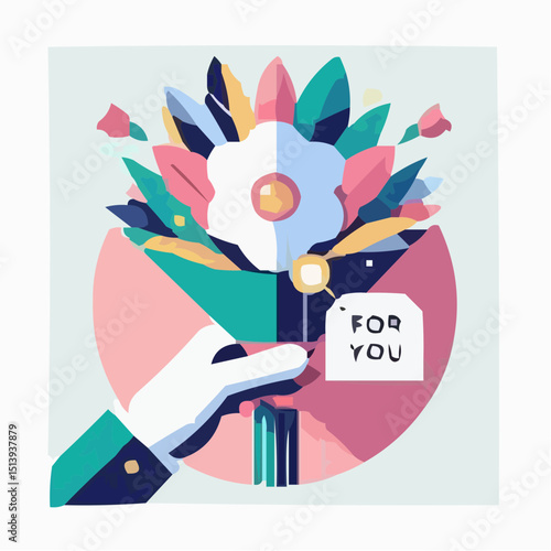 Hand holding bouquet of flowers with tag saying "For You"  