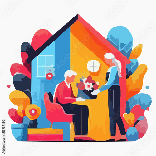 Senior man receiving flower delivery from woman in colorful house  
