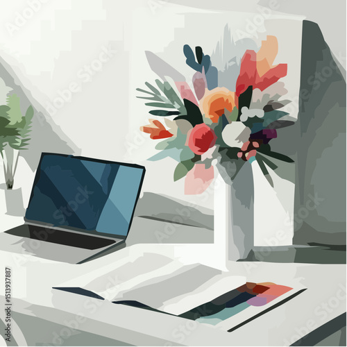 Colorful flower delivery icon in modern workspace with laptop  