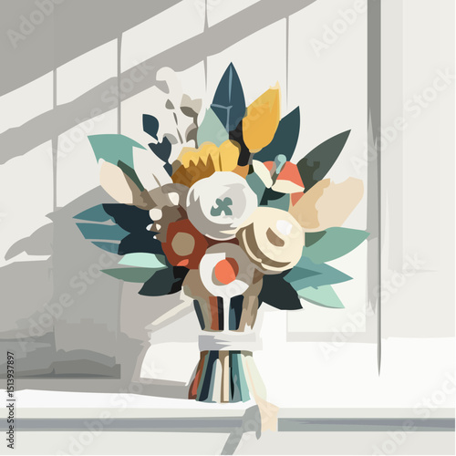 Colorful flower bouquet with leaves displayed on a windowsill  