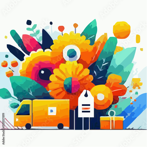 Flower delivery truck with colorful floral arrangement in background  