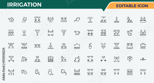 Irrigation vector line icon set. Outline icons collection. Editable vector stroke. Farm icon set in linear style. Pictograms of irrigate, water, farming, field, agricultural and more.