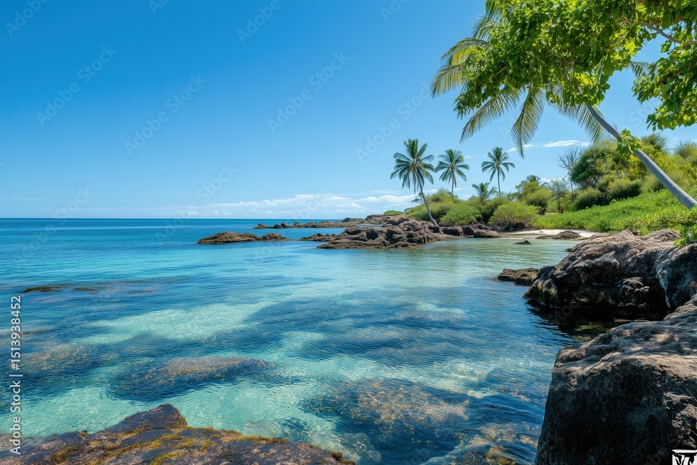 Fototapeta premium Tropical island beach with clear turquoise water, rocks and palm tree coast