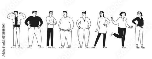Set of diversity people, men and women with perfect body together with cute fat people. Vector doodle illustration isolated on white background