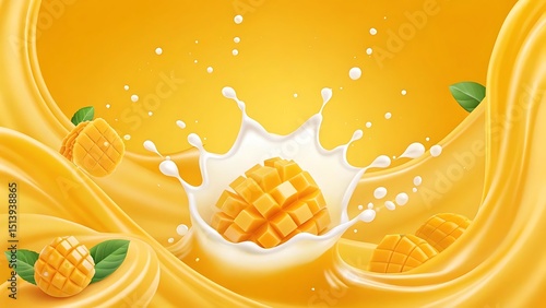 Delicious fresh mango cubes splashing in creamy yellow mango smoothie background