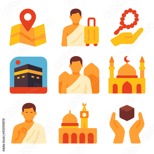 Hajj and Umrah icons collection vector illustration symbolize Islamic pilgrimage rituals. Suitable for educational materials, websites, religious presentations, travel agencies