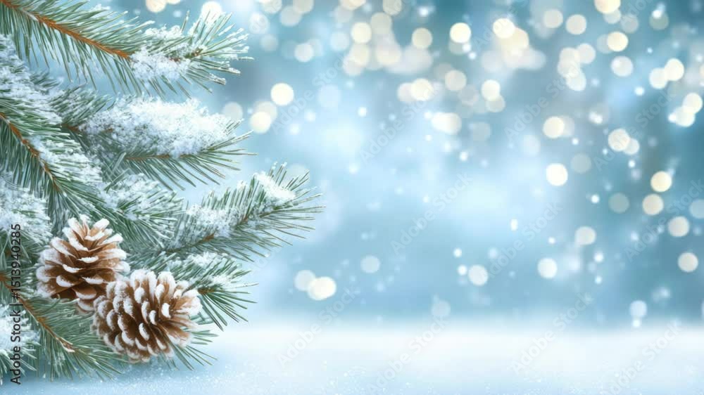 Snowy pine branches with pine cones against a soft, light blue winter background Snowy pine branches with pine cones against a soft, light blue winter background