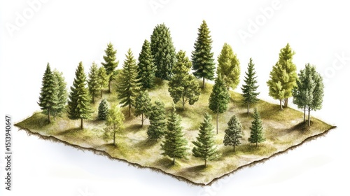 Isometric view of a forest clearing.  Detailed illustration